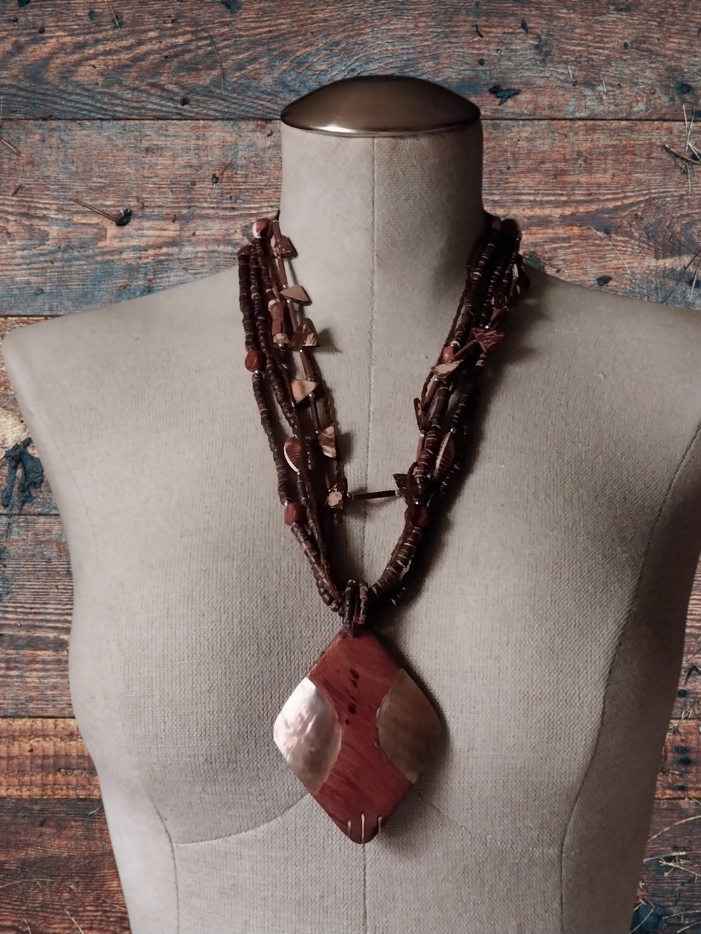 Handcrafted Brown Multi-Strand Wood & Shell Pendant Necklace
